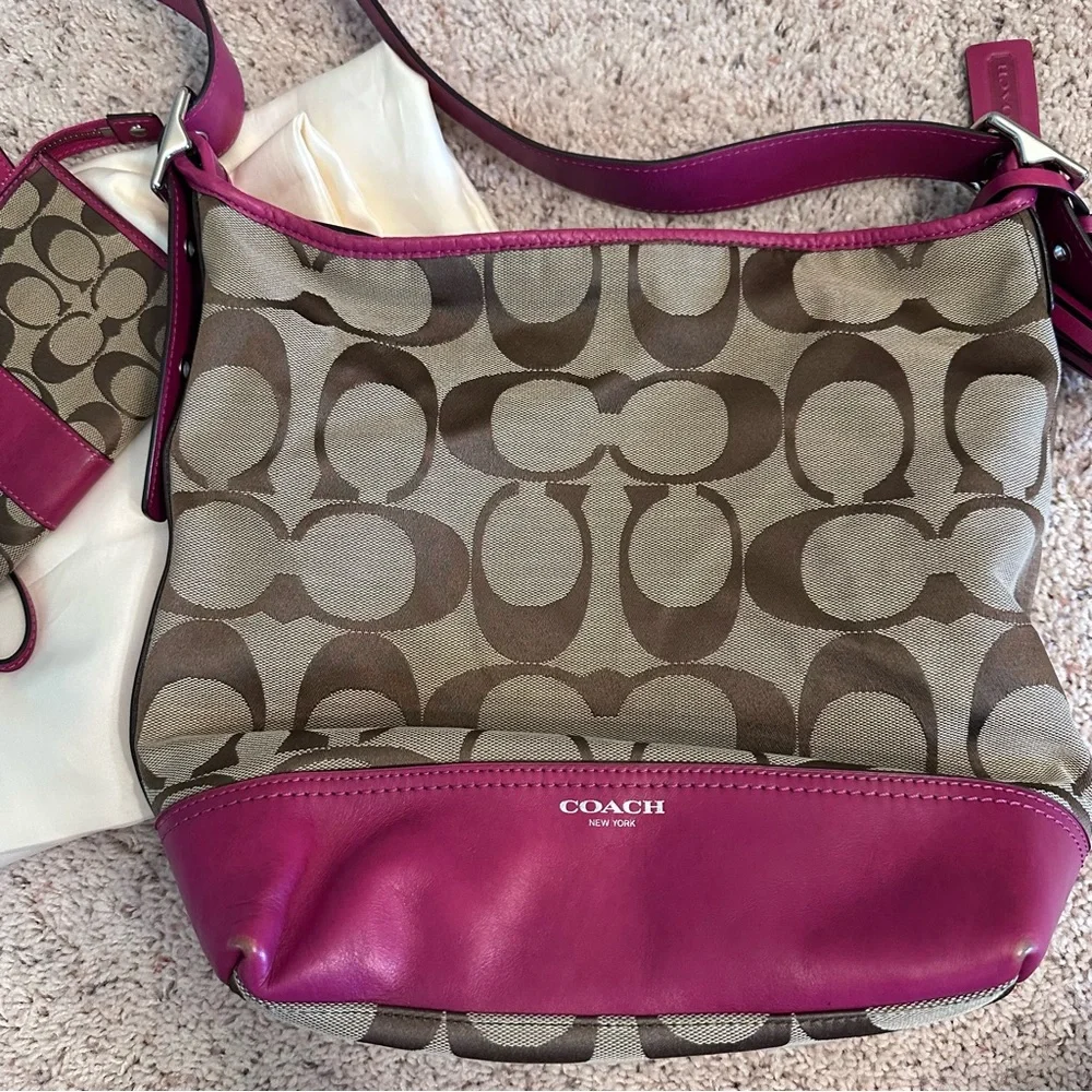 Coach tan and pink shoulder style bag with matching wallet wristlet